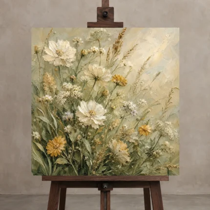 Sage & Pearl Meadow Cluster Wildflower Wall Art Canvas Print displayed on a studio easel