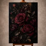 Burgundy and black moody Dark Floral Wall Art print for elegant interiors. No text or watermarks in design.