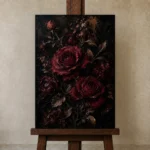 Burgundy & Black Rose Dark Floral Wall Art Canvas Print displayed on a studio easel