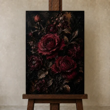 Burgundy & Black Rose Dark Floral Wall Art Canvas Print shown in Studio Easel