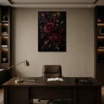 Burgundy & Black Rose Dark Floral Wall Art Canvas Print displayed in a contemporary gallery-inspired room