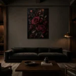 Burgundy & Black Rose Dark Floral Wall Art Canvas Print shown in a warm modern interior