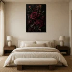 Burgundy & Black Rose Dark Floral Wall Art Canvas Print showcased in an elegant minimalist interior