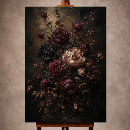 Black burgundy dramatic Dark Floral Wall Art print for elegant interiors. No text or watermarks in design.