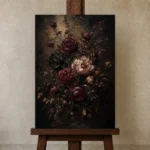 Black Burgundy Dark Floral Wall Art Canvas Print displayed on a studio easel