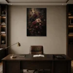 Black Burgundy Dark Floral Wall Art Canvas Print displayed in a contemporary gallery-inspired room