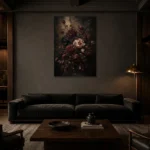 Black Burgundy Dark Floral Wall Art Canvas Print shown in a warm modern interior
