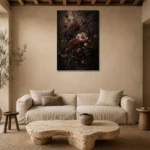 Black Burgundy Dark Floral Wall Art Canvas Print presented in a sophisticated home setting