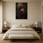 Black Burgundy Dark Floral Wall Art Canvas Print showcased in an elegant minimalist interior