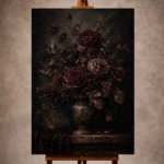 Black burgundy quiet luxury Dark Floral Wall Art print for elegant interiors. No text or watermarks in design.