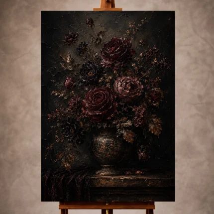 Black burgundy quiet luxury Dark Floral Wall Art print for elegant interiors. No text or watermarks in design.