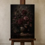 Black Burgundy Dark Floral Wall Art Canvas Print displayed on a studio easel