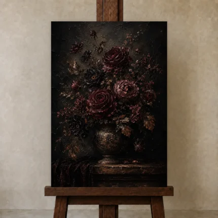 Black Burgundy Dark Floral Wall Art Canvas Print shown in Studio Easel