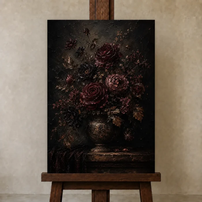 Black Burgundy Dark Floral Wall Art Canvas Print displayed on a studio easel