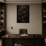 Black Burgundy Dark Floral Wall Art Canvas Print displayed in a contemporary gallery-inspired room