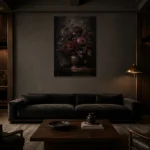 Black Burgundy Dark Floral Wall Art Canvas Print shown in a warm modern interior