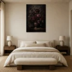 Black Burgundy Dark Floral Wall Art Canvas Print showcased in an elegant minimalist interior
