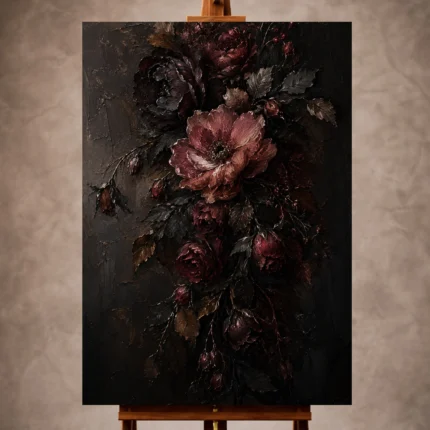 Black burgundy poetic Dark Floral Wall Art print for elegant interiors. No text or watermarks in design.