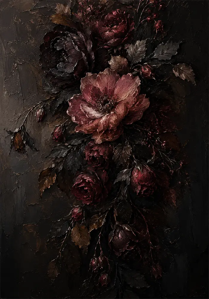 Black Burgundy Cascading Dark Floral Wall Art Canvas Print