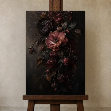 Black Burgundy Cascading Dark Floral Wall Art Canvas Print shown in Studio Easel