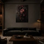 Black Burgundy Cascading Dark Floral Wall Art Canvas Print shown in a warm modern interior
