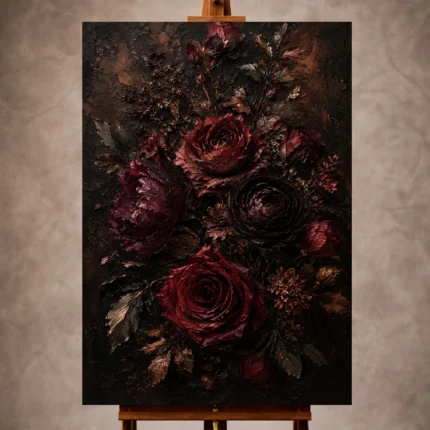 Black burgundy old-world Dark Floral Wall Art print for elegant interiors. No text or watermarks in design.