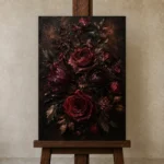 Black Burgundy Old-World Dark Floral Wall Art Canvas Print displayed on a studio easel