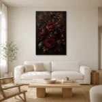 Black Burgundy Old-World Dark Floral Wall Art Canvas Print styled in a refined neutral interior