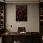 Black Burgundy Old-World Dark Floral Wall Art Canvas Print displayed in a contemporary gallery-inspired room