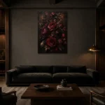 Black Burgundy Old-World Dark Floral Wall Art Canvas Print shown in a warm modern interior