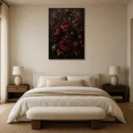 Black Burgundy Old-World Dark Floral Wall Art Canvas Print showcased in an elegant minimalist interior
