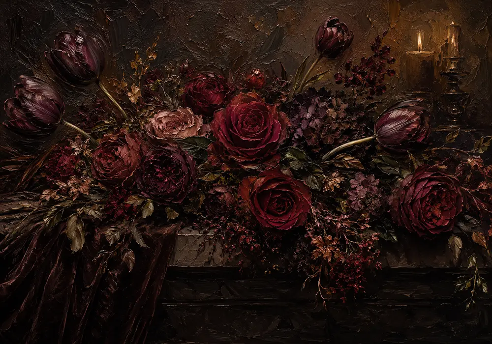 Black Burgundy Horizontal Dark Floral Wall Art Canvas Print