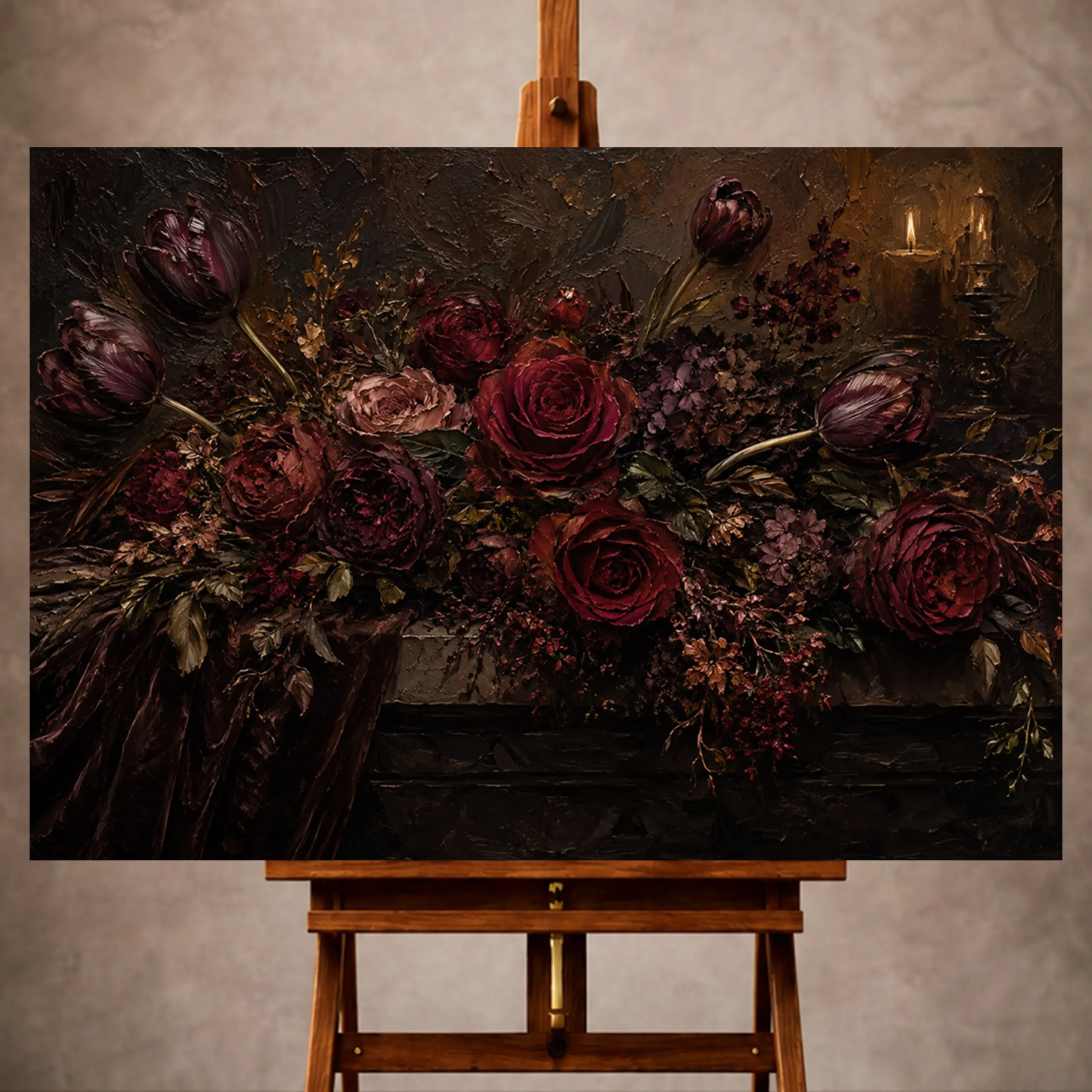 Premium Wall Art Yatay Html Edition – FLOWERWA071 Image 1 Black burgundy horizontal Dark Floral Wall Art print for elegant interiors. No text or watermarks in design.