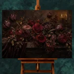 Black Burgundy Horizontal Dark Floral Wall Art Canvas Print - Image 2