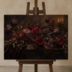 Black Burgundy Horizontal Dark Floral Wall Art Canvas Print displayed on a studio easel