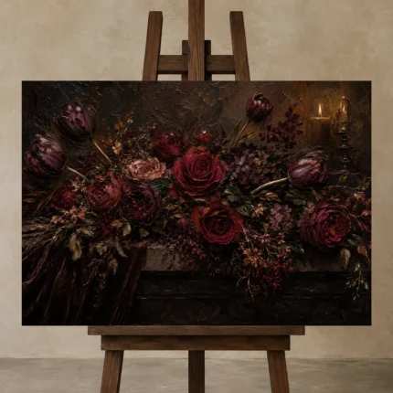 Black Burgundy Horizontal Dark Floral Wall Art Canvas Print shown in Studio Easel