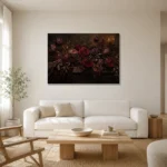 Black Burgundy Horizontal Dark Floral Wall Art Canvas Print styled in a refined neutral interior