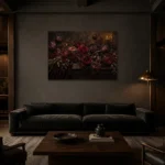 Black Burgundy Horizontal Dark Floral Wall Art Canvas Print shown in a warm modern interior