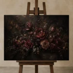 Black Wine Panoramic Dark Floral Wall Art Canvas Print displayed on a studio easel