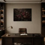 Black Wine Panoramic Dark Floral Wall Art Canvas Print displayed in a contemporary gallery-inspired room