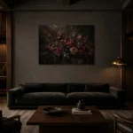 Black Wine Panoramic Dark Floral Wall Art Canvas Print shown in a warm modern interior