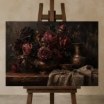 Black Burgundy Still Life Dark Floral Wall Art Canvas Print displayed on a studio easel