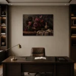 Black Burgundy Still Life Dark Floral Wall Art Canvas Print displayed in a contemporary gallery-inspired room