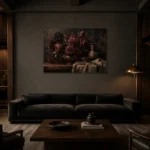 Black Burgundy Still Life Dark Floral Wall Art Canvas Print shown in a warm modern interior