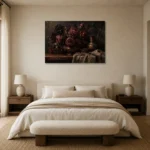 Black Burgundy Still Life Dark Floral Wall Art Canvas Print showcased in an elegant minimalist interior