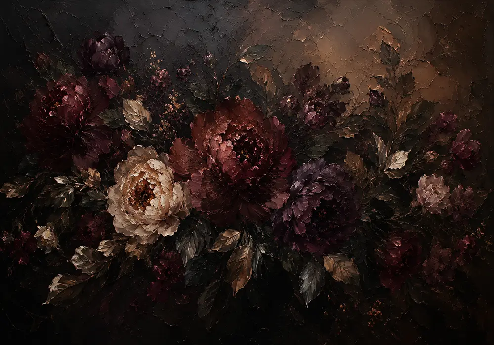 Black Burgundy Horizontal Garden Dark Floral Wall Art Canvas Print