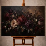 Black burgundy evening garden Dark Floral Wall Art print for elegant interiors. No text or watermarks in design.