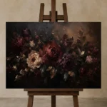 Black Burgundy Horizontal Garden Dark Floral Wall Art Canvas Print displayed on a studio easel