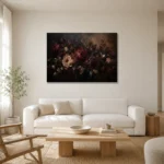 Black Burgundy Horizontal Garden Dark Floral Wall Art Canvas Print styled in a refined neutral interior