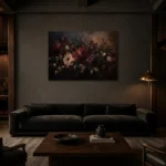 Black Burgundy Horizontal Garden Dark Floral Wall Art Canvas Print shown in a warm modern interior